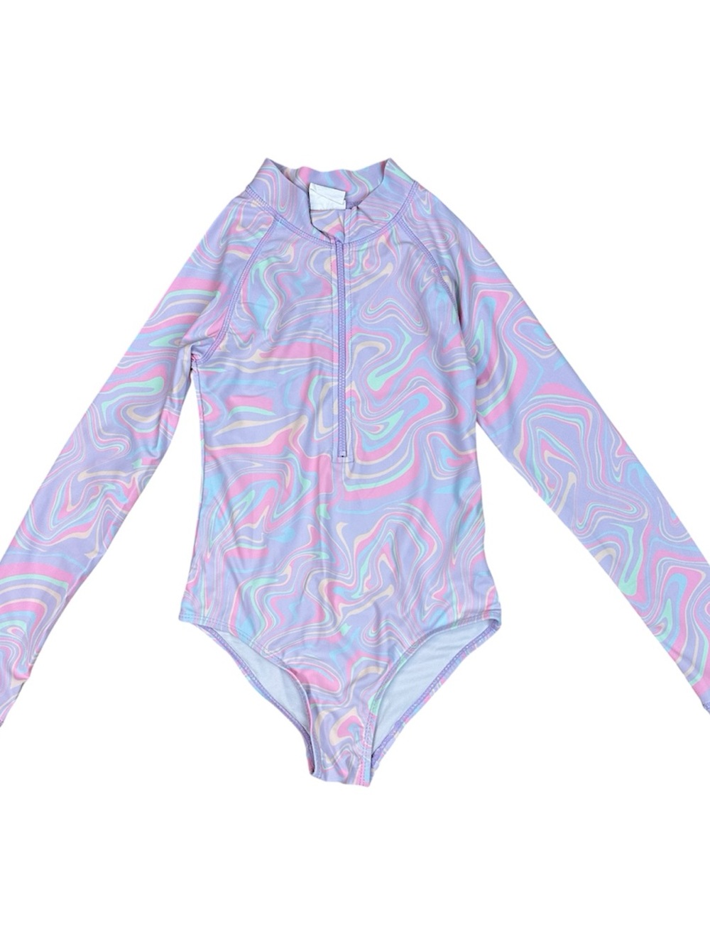 Long-Sleeve Girls One-Piece Swimsuit - Pastel Marble Swirl